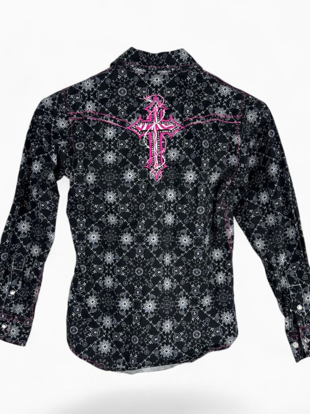 Cowgirl Hardware Girls M 7/8 Western Rhinestone Snap Shirt Black Pink Stitching